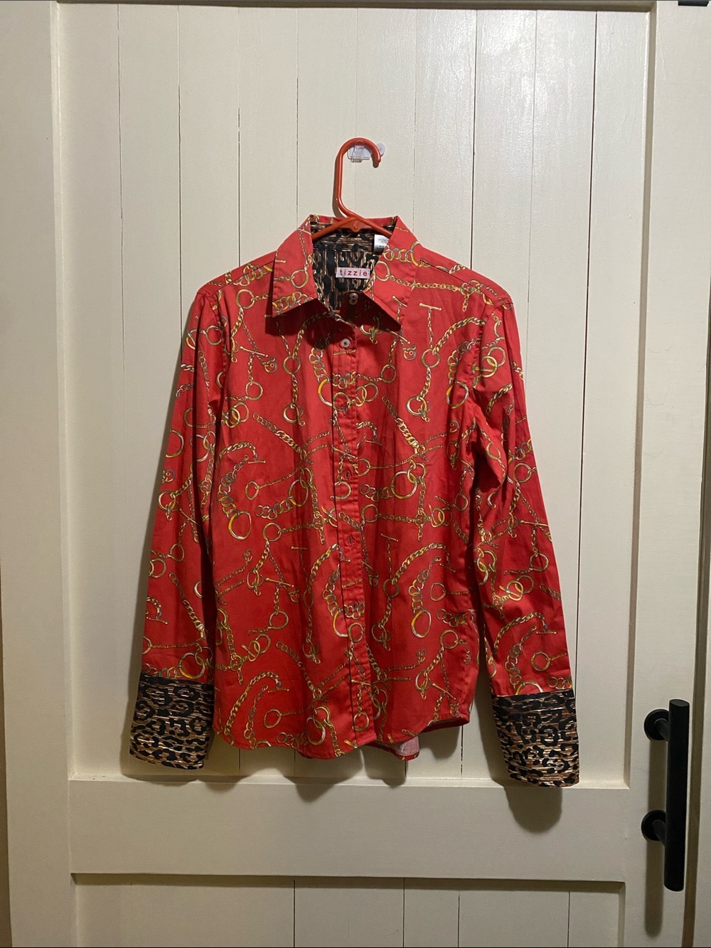 Tizzie Dizzy Lizzie Red Equestrian Chain & Leopard Print Button Down womens M